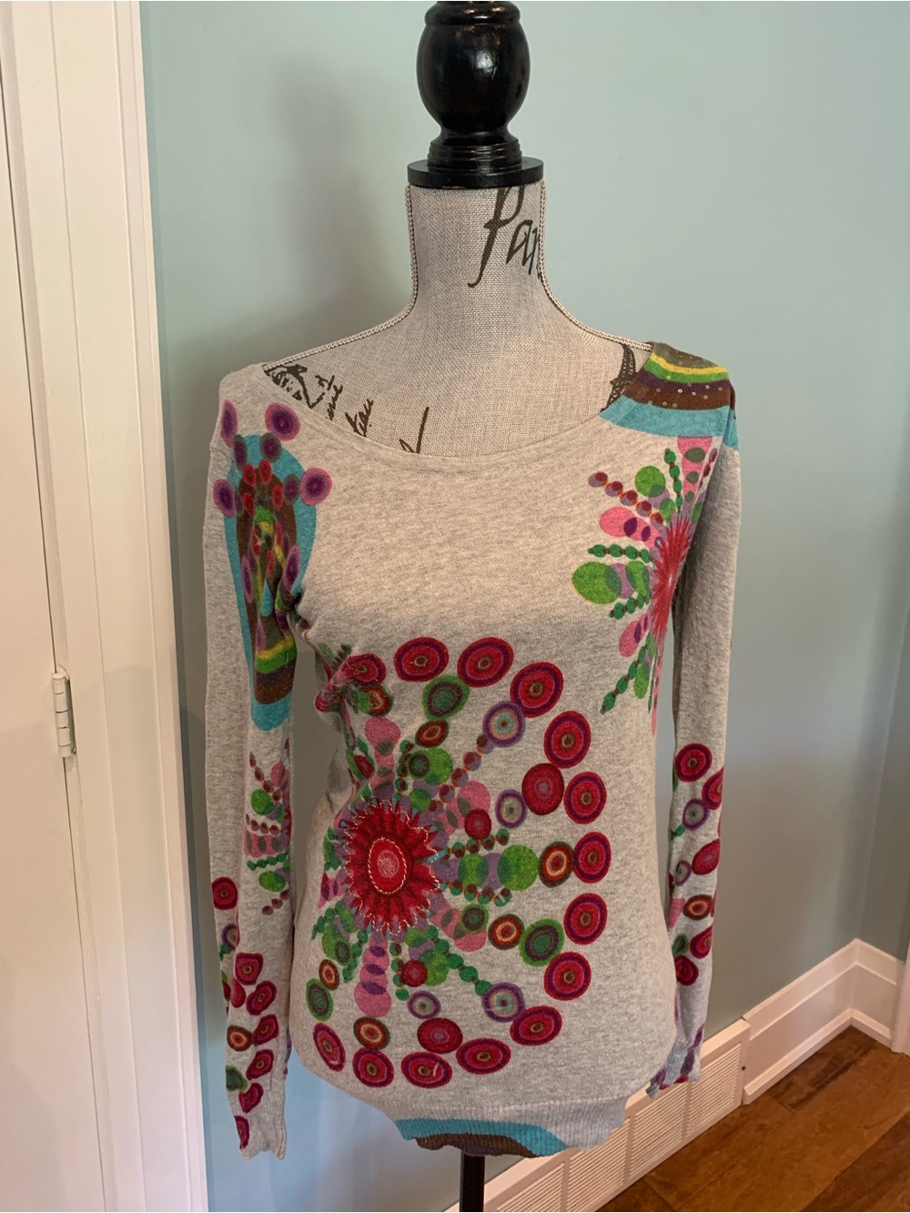 Desigual Gray Long-Sleeve Floral & Circular Print Top